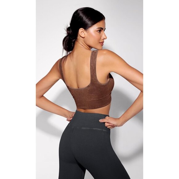 Women's Stone Washing Brown Square Neck Low Back Ribbed Cropped Sports Bra - Picture 2 of 5